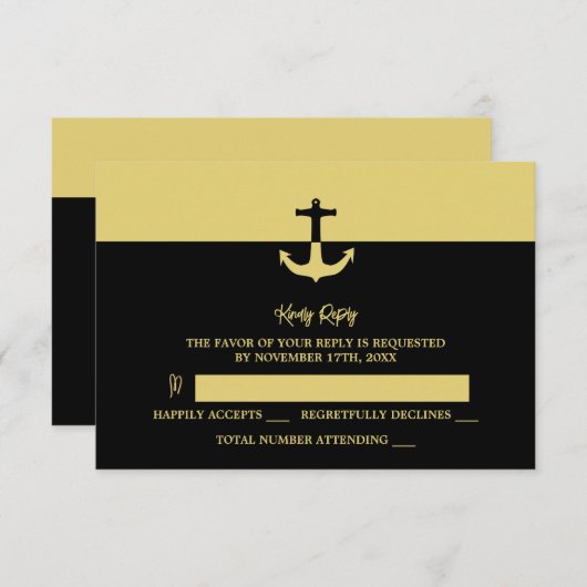 Nautical Anchor - Black Gold - Beach Weddenschap RSVP Kaartje (Voorkant / Achterkant)