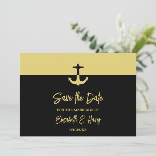 Nautical Anchor - Black Gold - Beach Weddenschap Save The Date (Staand voorkant)