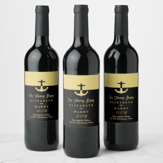 Nautical Anchor - Black Gold - Beach Weddenschap Wijn Etiket (Flessen)