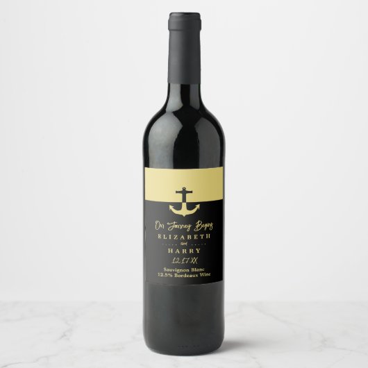 Nautical Anchor - Black Gold - Beach Weddenschap Wijn Etiket (Voorkant)