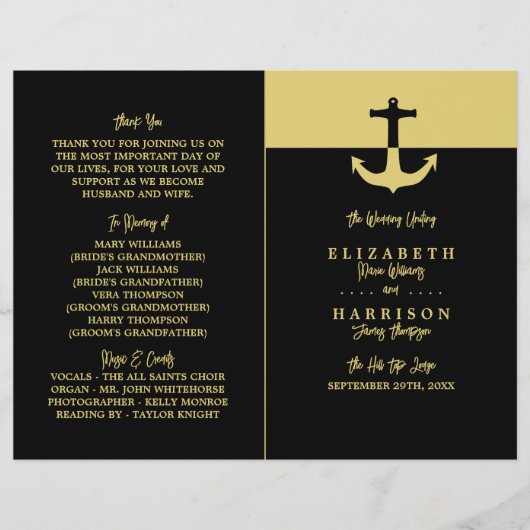 Nautical Anchor - Black Gold - Weddenprogramma (Voorkant)