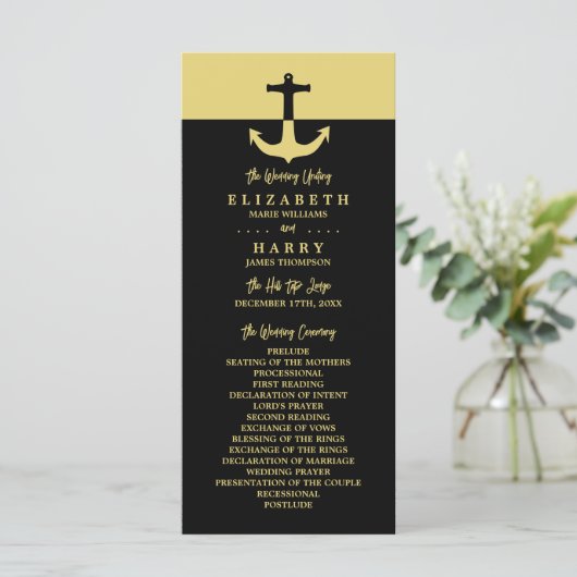 Nautical Anchor - Black Gold - Weddenprogramma Programmakaart (Staand voorkant)