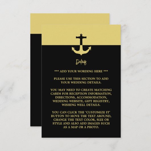 Nautical Anchor - Black Gold - Wedding Detail Informatiekaartje (Voorkant / Achterkant)