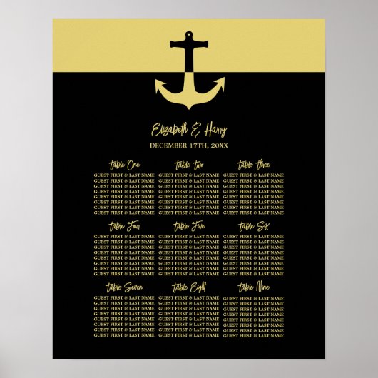 Nautical Anchor, Black Gold, Wedding Seating Chart Poster (Voorkant)