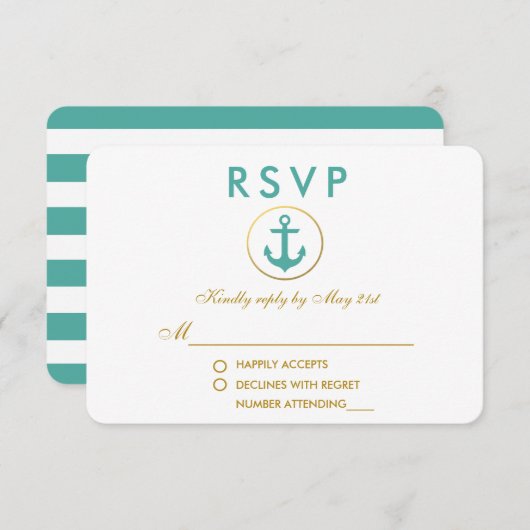 Nautical Anchor Blauwgroen Gold RSVP (Voorkant / Achterkant)
