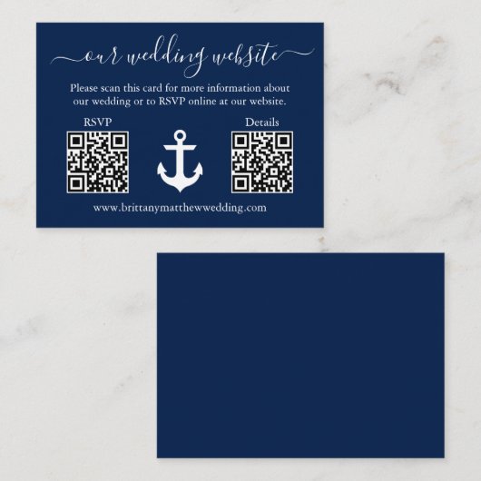 Nautical Anchor Blue 2 QR RSVP Details Weddenschap Informatiekaartje (Voorkant / Achterkant)