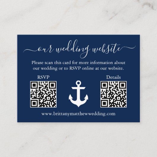 Nautical Anchor Blue 2 QR RSVP Details Weddenschap Informatiekaartje (Voorkant)