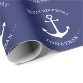 Nautical anchor blue custom name text Birthday Cadeaupapier (Rol Hoek)