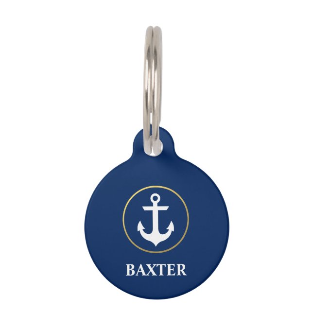 Nautical Anchor Blue Gold Dog Label - Telefoon op  Huisdierpenning (Voorkant)