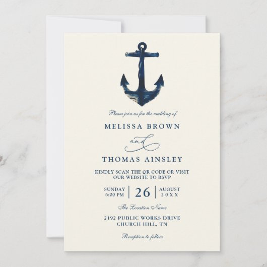 Nautical Anchor Blue Modern Chic QR Code Wedding Kaart (Voorkant)