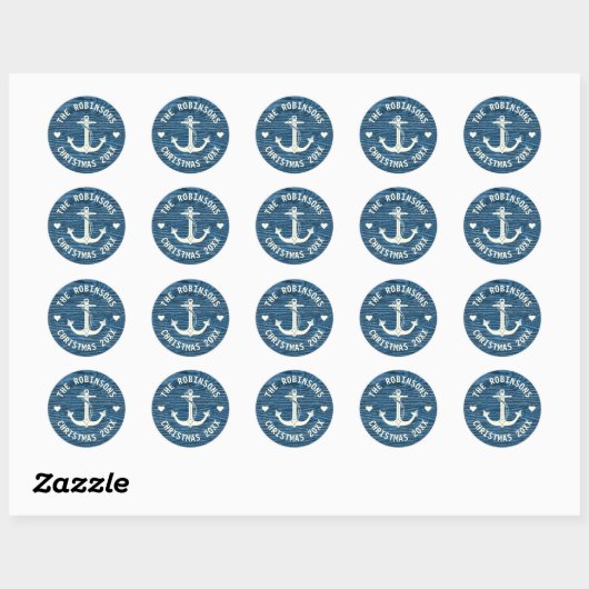 Nautical Anchor Blue Rustige Familie Naam Kerstmis Ronde Sticker (Vel)
