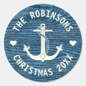 Nautical Anchor Blue Rustige Familie Naam Kerstmis Ronde Sticker (Voorkant)