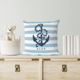 Nautical Anchor & Blue Stripe, gepersonaliseerd Kussen