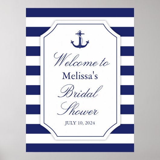 Nautical Anchor Blue Stripe Large Bridal Shower  Poster (Voorkant)