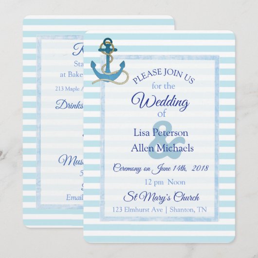 Nautical Anchor Blue Striped Wedding Invitation Kaart (Voorkant / Achterkant)