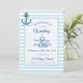 Nautical Anchor Blue Striped Wedding Invitation Kaart (Staand voorkant)