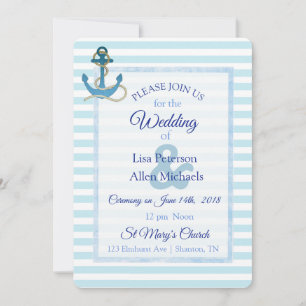 Nautical Anchor Blue Striped Wedding Invitation Kaart