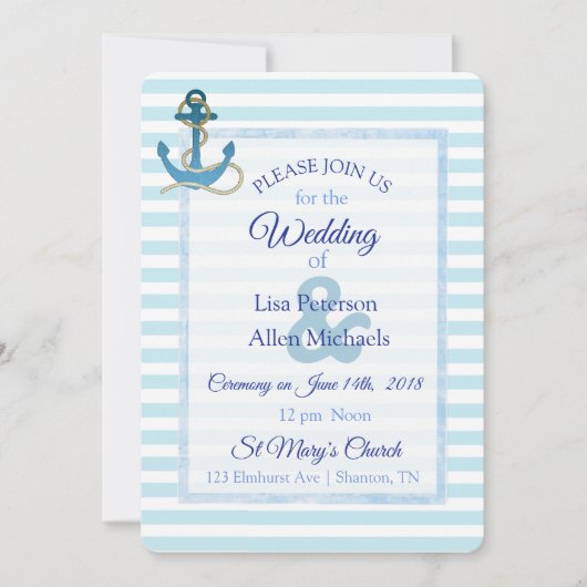 Nautical Anchor Blue Striped Wedding Invitation Kaart (Voorkant)