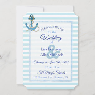 Nautical Anchor Blue Striped Wedding Invitation Kaart