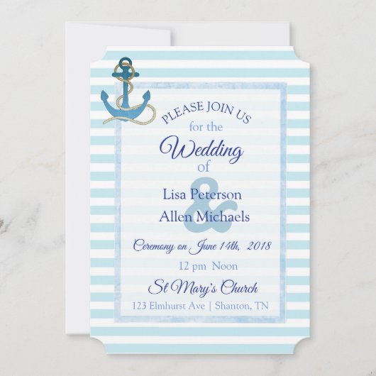 Nautical Anchor Blue Striped Wedding Invitation Kaart (Voorkant)