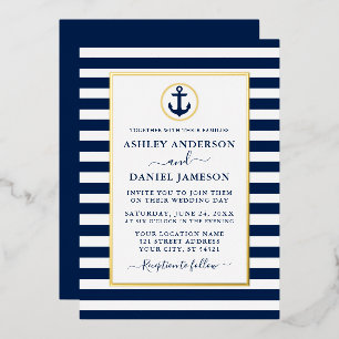 Nautical Anchor Blue Stripes Wedding Gold Folie Uitnodiging