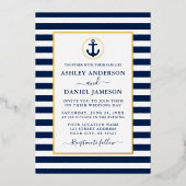Nautical Anchor Blue Stripes Wedding Gold Folie Uitnodiging (Voorkant)