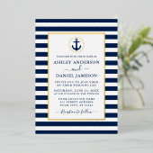 Nautical Anchor Blue Stripes Wedding Gold Folie Uitnodiging (Staand Voorkant)