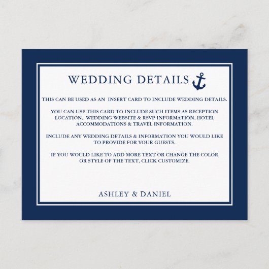 Nautical Anchor Blue Wedding Details Kaart invoege (Voorkant)