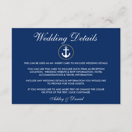 Nautical Anchor Blue Wedding Details Kaart invoege (Voorkant)
