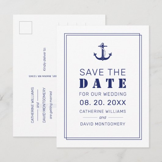 Nautical Anchor Blue Wedding Save the Date Aankondigingskaart (Voorkant / Achterkant)