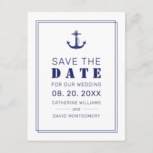 Nautical Anchor Blue Wedding Save the Date Aankondigingskaart (Voorkant)
