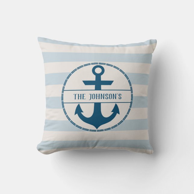 Nautical Anchor Blue White, gepersonaliseerd Kussen (Voorkant)