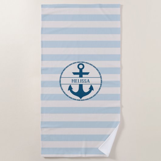 Nautical Anchor Blue White, gepersonaliseerd Strandlaken (Voorkant)