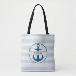 Nautical Anchor Blue White, gepersonaliseerd Tote Bag