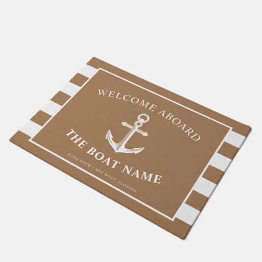 Nautical Anchor Boat & Captain Name Khaki Stripes Deurmat (Schuin)