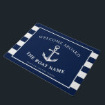 Nautical Anchor Boat & Captain Name Navy Stripes Deurmat<br><div class="desc">Een model met een nautisch anker en de douanenaam van de reder en de boot.  Aan de zijkanten bevinden zich marjoen en witte strepen die de voortekst aanvullen.</div>