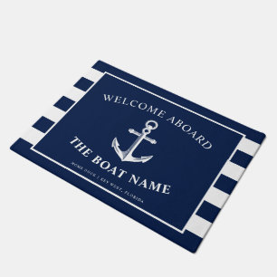 Nautical Anchor Boat & Captain Name Navy Stripes Deurmat