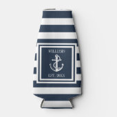 Nautical Anchor Boat Family Name Navy Blue Stripe Flesjeskoeler (Voorkant)