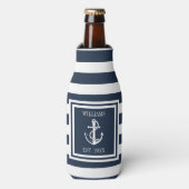 Nautical Anchor Boat Family Name Navy Blue Stripe Flesjeskoeler (Fles Voorkant)