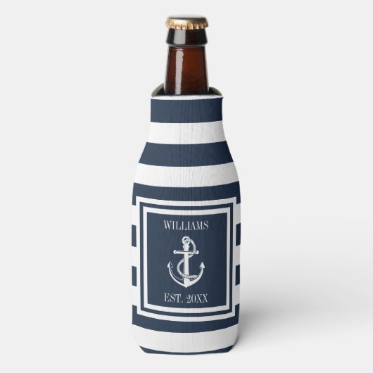 Nautical Anchor Boat Family Name Navy Blue Stripe Flesjeskoeler (Fles Voorkant)