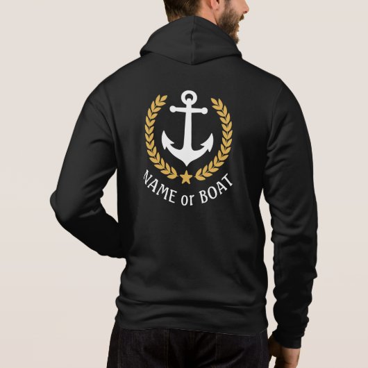 Nautical Anchor Boat Name Gold Laurel Black Zip Hoodie (Achterkant)