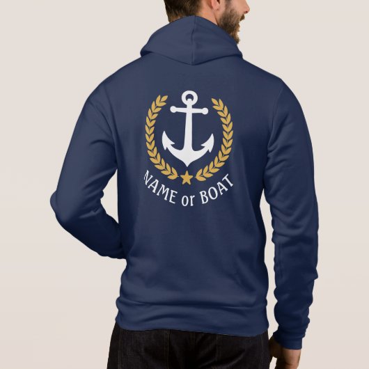Nautical Anchor Boat Name Gold Laurel Blue Hoodie (Achterkant)