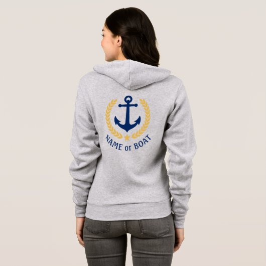 Nautical Anchor Boat Name Gold Laurel Zip Up Grey Hoodie (Achterkant volledig)