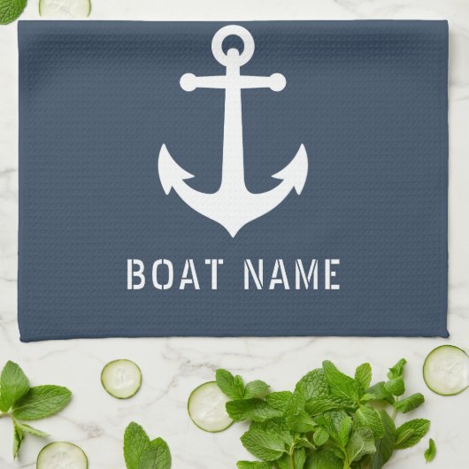 Nautical  Anchor Boat Name Navy Blue Grey Theedoek (Gevouwen)