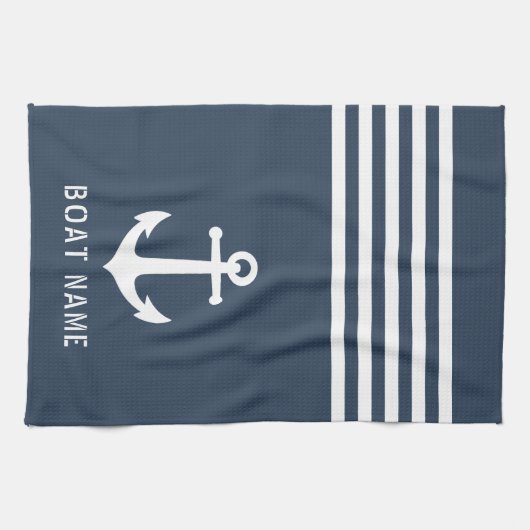 Nautical  Anchor Boat Name Navy Blue Grey Theedoek (Horizontaal)