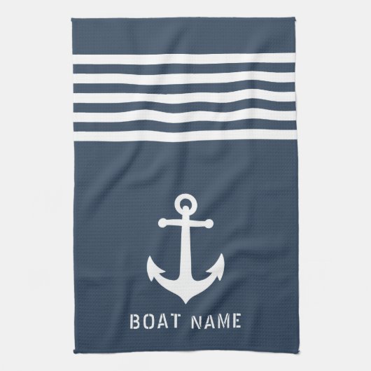 Nautical  Anchor Boat Name Navy Blue Grey Theedoek (Verticaal)