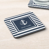 Nautical Anchor Boat Name Navy Blue Striped Bier Onderzetter (Linkerzijde)