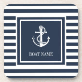 Nautical Anchor Boat Name Navy Blue Striped Bier Onderzetter (Voorkant)