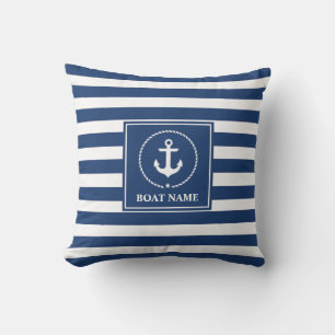 Nautical Anchor Boat Name Navy Blue Striped Buitenkussen