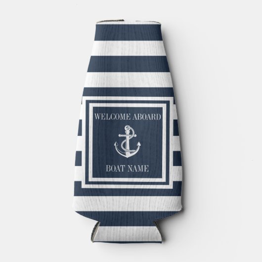 Nautical Anchor Boat Name Navy Blue Striped Flesjeskoeler (Voorkant)